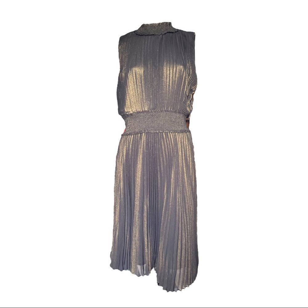 NWT Nanette Lepore Gold Pleated Dress A-Line Sleeveless Blouson Midi Womens 14